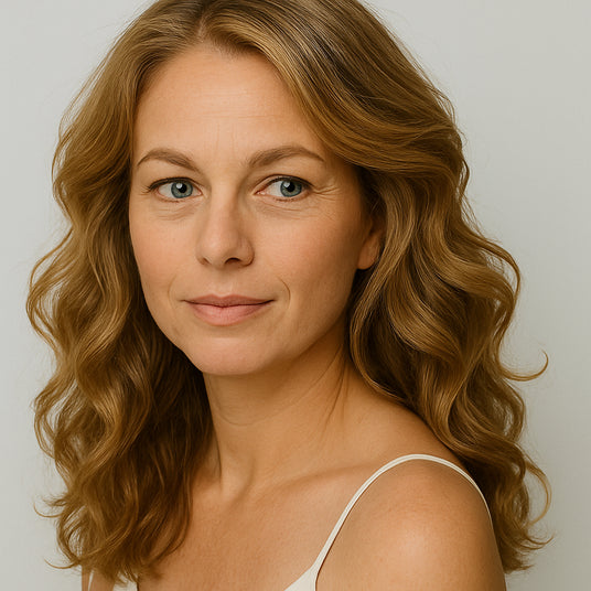 Woman with wavy blonde hair against a plain background showing her botanical haircare volume gel